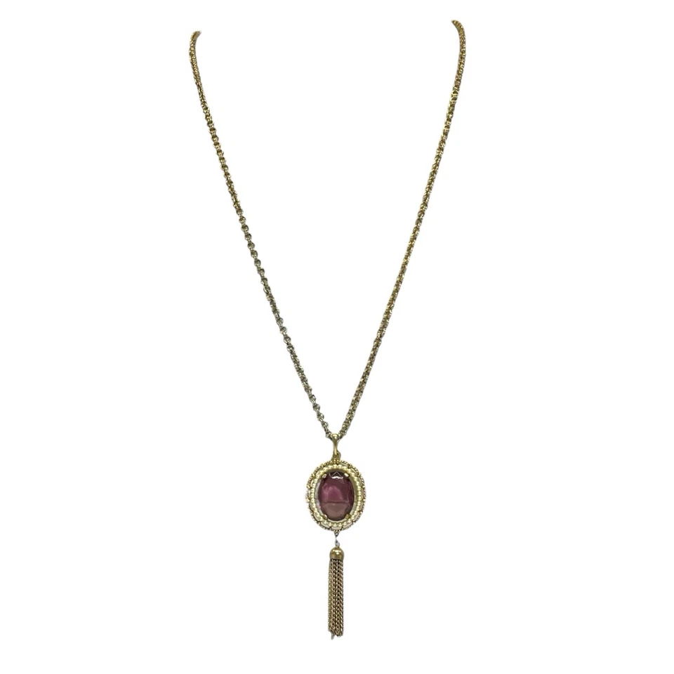"Collar vintage de perlas de amatista sintética AVON tono dorado 30"" cadena borla púrpura EVC Foto 2 de 4