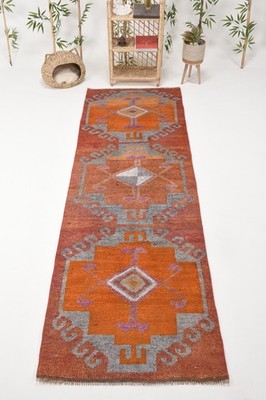 3x9,8 ft Vintage Turkish Rug, Runner Rug, Red Herki Floral Rug