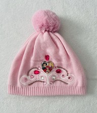Disney Princesses Girl Winter Hat M/L 7-10 Pink Pom Beanie Beaded Embroidered