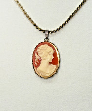 Vintage Gold Tone Cameo Pendant Necklace Molded Lady Profile Orange Rope Chain