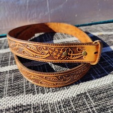 Vintage Tooled Brown Western Leather Belt No Buckle Circle Y Yoakum, TX sz 44