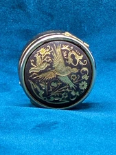 Vintage Damascene Pill Box Gold Tone Bird Flowers 1 1/4"