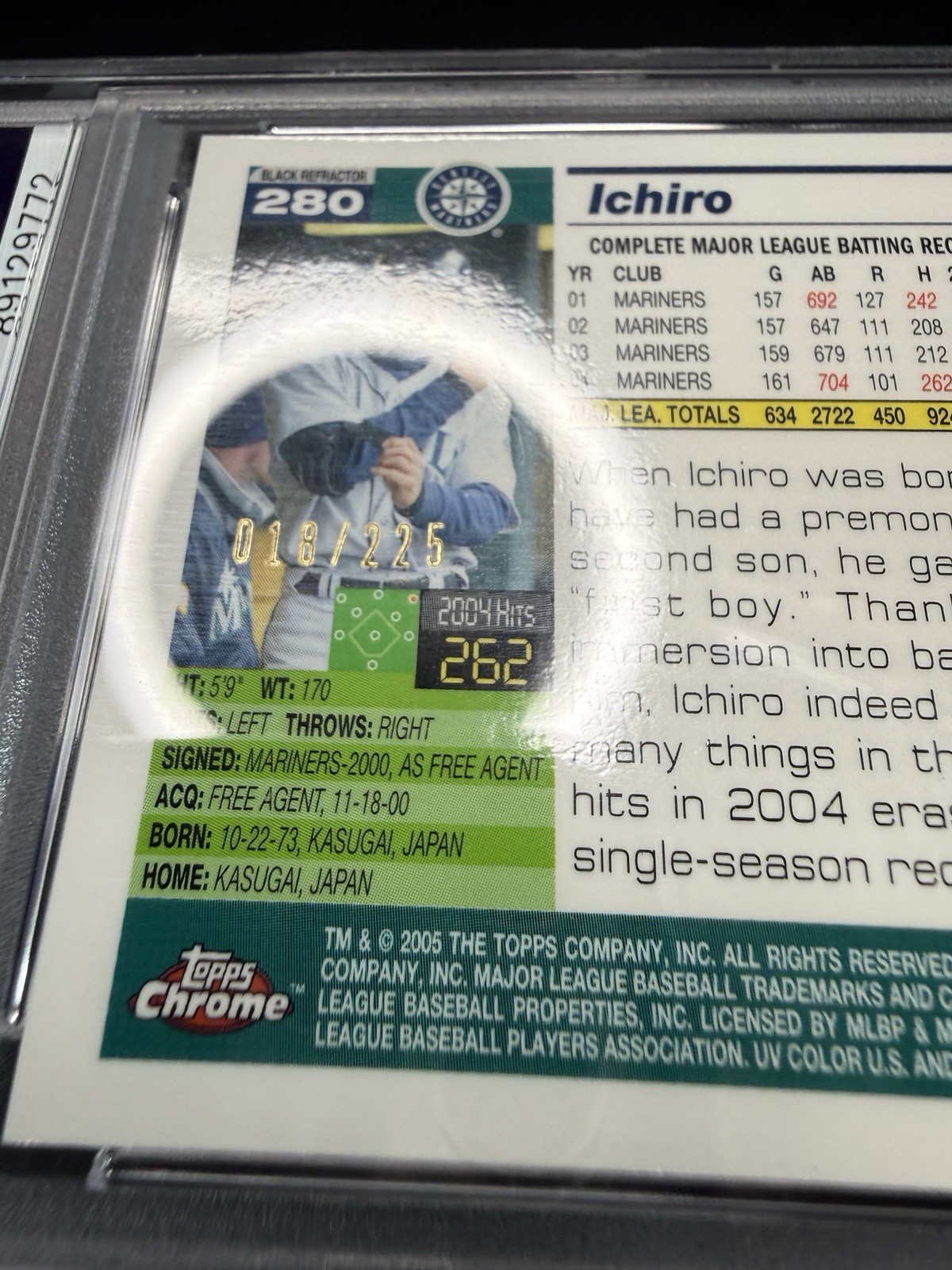 2005 Topps Chrome ICHIRO SUZUKI /225 BLACK REFRACTOR PSA 9 HOLO SSP #280🔥RARE🔥 view 3