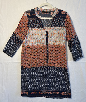 Zara Basic Navy Orange Design Lightweight 3/4 Sleeve V Neck Dress Button Boho