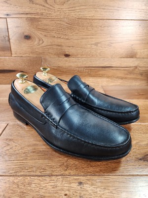 Santoni Black Leather Penny Loafer Shoes Size 9.5 D Made In Italy