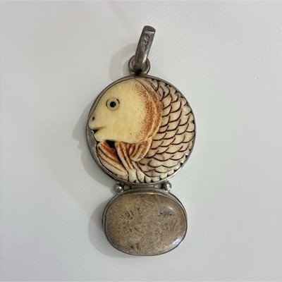 Silver Fish Carved Bone Locket Pendant Animal Motif Bezel Setting