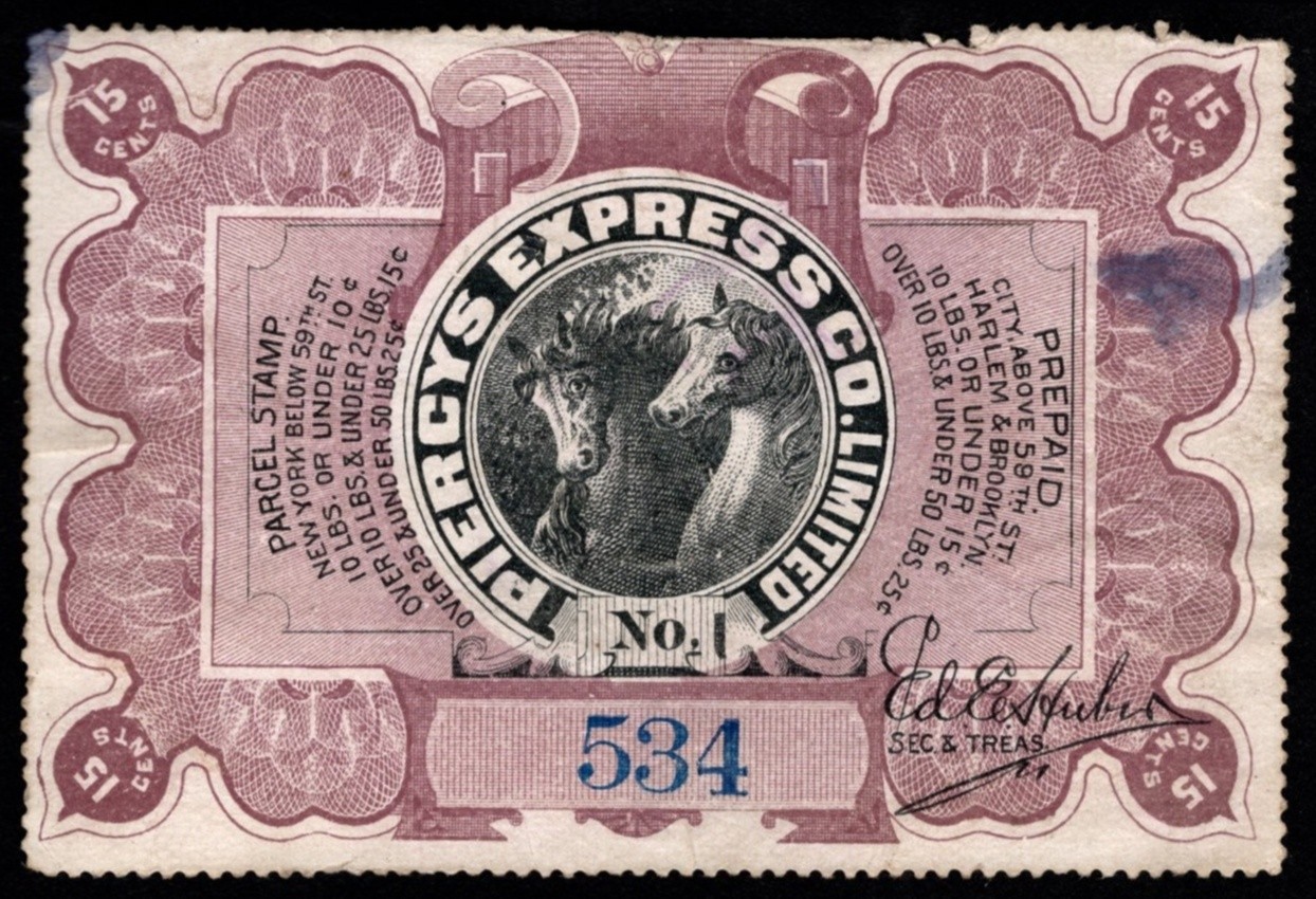 Vintage Us Private Parcel Revenue Piercy’s Express Co Limited No. 1 Parcel Stamp