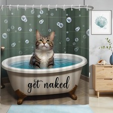 Funny Cat Shower Curtain for Bathroom, Cute Get Naked Cat in Bathtub with Bub...