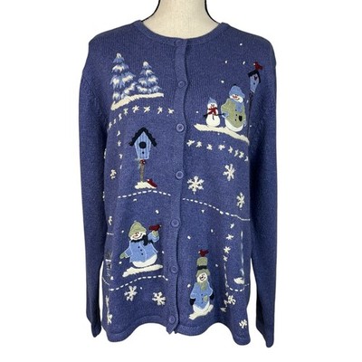 Croft & Barrow X-Large Cardigan Sweater Snowmen Winter Snowflakes Crew Neck Blue