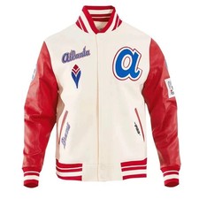MLB Atlanta Brave Varsity Jacket Red/White Wool & Real Leather Bomber Style Coat