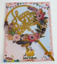 6-1/2" Gold Acrylic Happy Birthday Cake Topper with Feathers  Purple Flowers