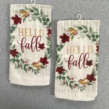Fall Kitchen Towels 2 Pc Set Hello Fall Floral Wreath Autumn 100% Cotton NWOT
