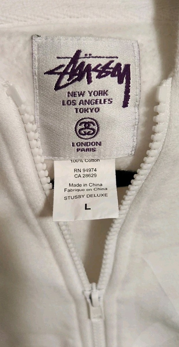anytee レザーyoke stussy vintege GDC deluxe VTG Y2K Stussy Deluxe DLXE print Full Zip Hoodie Men's Large White