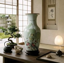 grand vase en porcelaine de Chine famille rose sur fond céladon  avec son socle