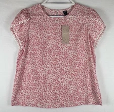NEW Emery Rose Blouse Womens L Large Pink Floral Short Sleeve Flutter Sleeve
