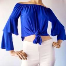 Blue Off shoulder Crop Top Small Tie Front Flare Sleeve Boho club vacation