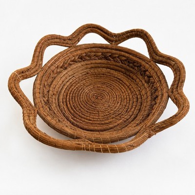 Handwoven Pine Needle Basket 13  Round Braided Wavy Rim Cottage Boho Décor