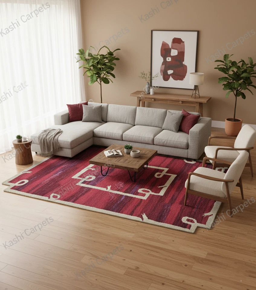 8x10英尺洋红色羊毛手工簇绒地毯小地毯客厅农舍地毯。 — 第 2/4 张图片