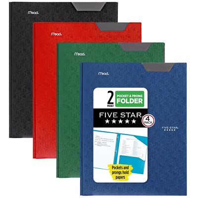 Five Star Stay Put Plastic Folder 4 Pack Black Red Green Blue Guaranteed