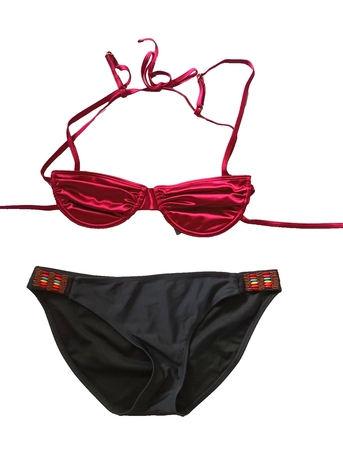 Boohoo UK 12 Berry Satin Ruched Strappy Bikini Top UK 14/TU Black Bikini Bottoms
