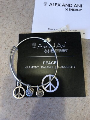 Alex and Ani Bangle Bracelet Peace Charm Silver Tone USA