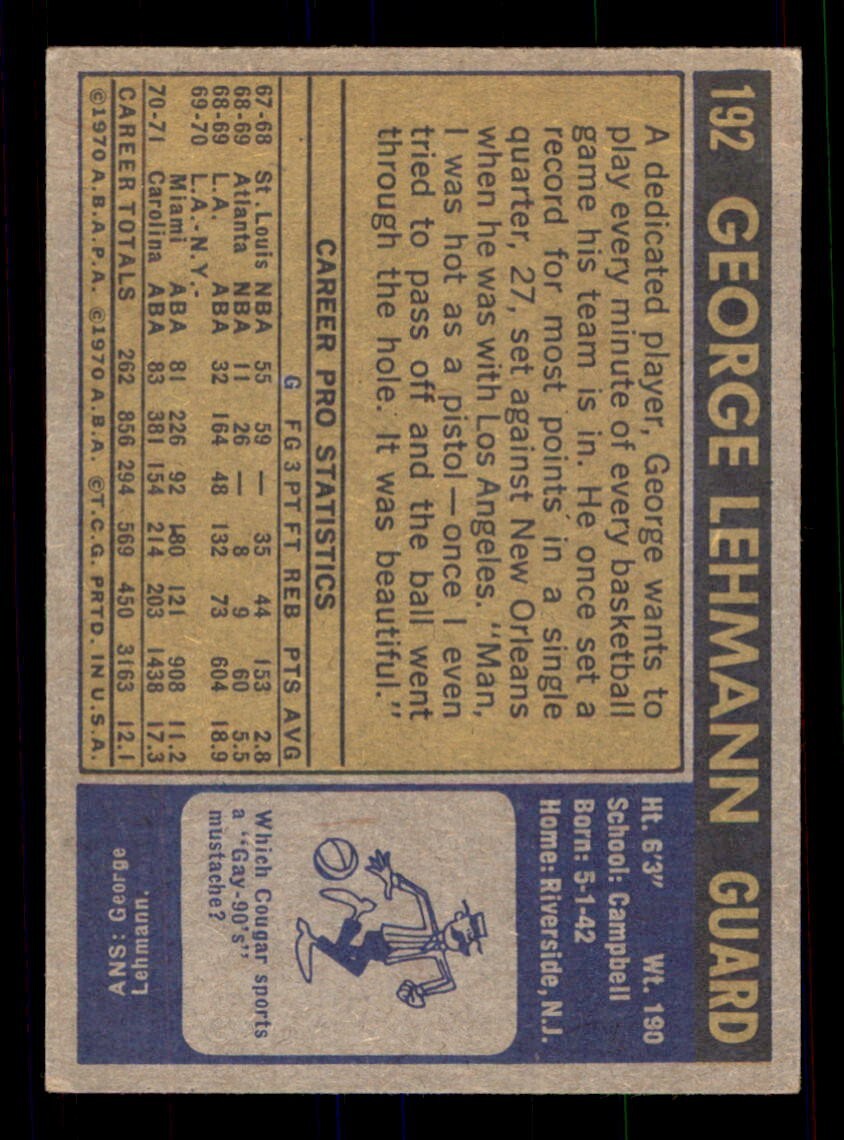 1971 Topps Basketball #192 George Lehmann VG/EX *e2 | eBay
