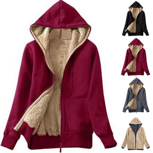 Womens Fleece Fur Lined Hoodies Sweatshirt Ladies Zip Up Winter Warm Jacket Coat - Picture 9 of 13