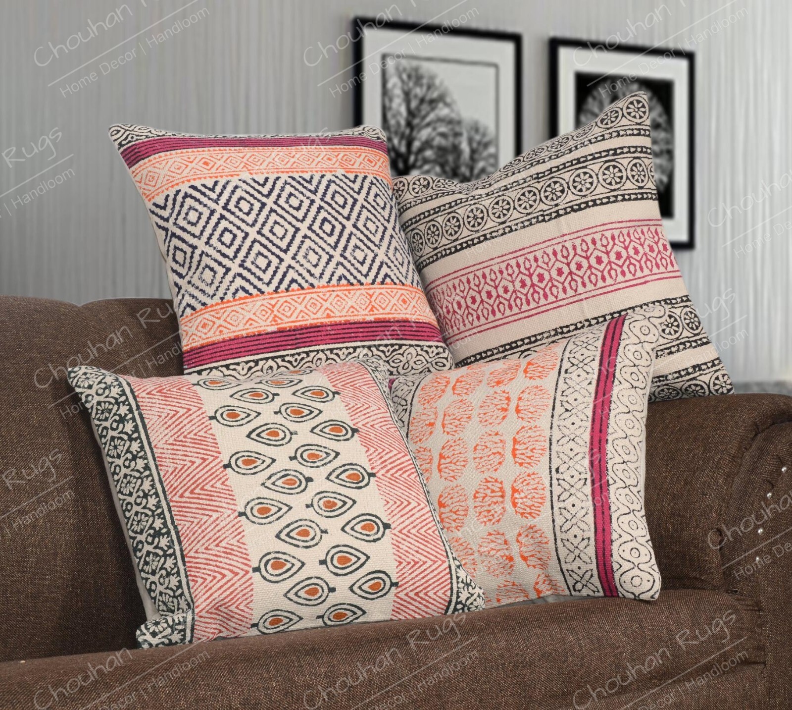 Set of 4 Handwoven Multicolor Block Printed Cotton Living Room Cushion Covers