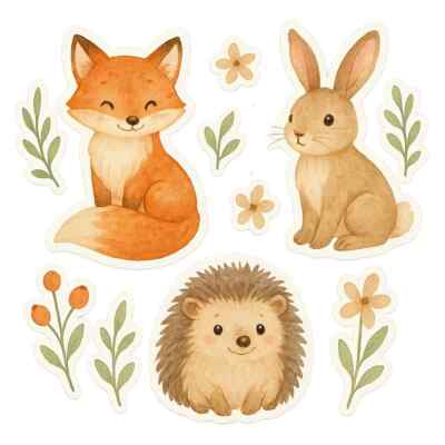 Forest Animals Sticker Set Fox Bunny Hedgehog Decal Watercolor Nature Nursery Decor