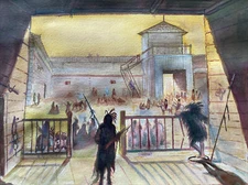 Vintage American Indian Painting Mission Architecture Illustration Stage Design