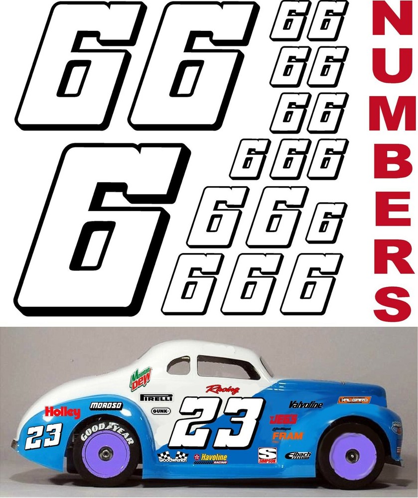 WHITE w/Black (#6's) Racing Numbers Decal Sticker Sheet 1/8-1/10-1/12 Bolink