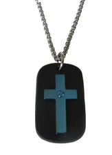 Two Leather dog Tag w/Blue stainless steel cross on a stainless Steel chain 