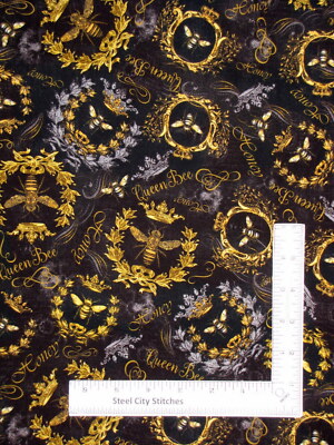 Queen Bee Crest Black Fabric Digital Cotton Timeless Treasures CD1355 By Yard