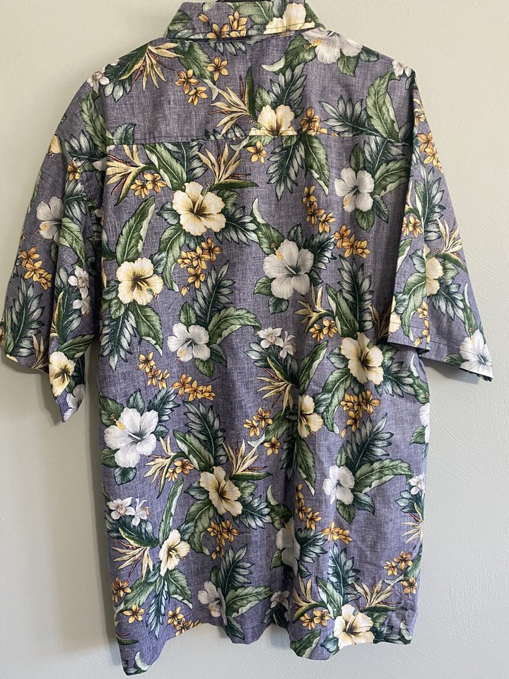 GO BAREFOOT Men’s Hawaiian 2XL Shirt Tropical Hibiscus Flowers Blue