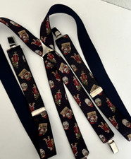 Vtg GERMANY Mens Navy Blue Red SANTA PRINT Elastic SUSPENDERS Silver Clips Xmas