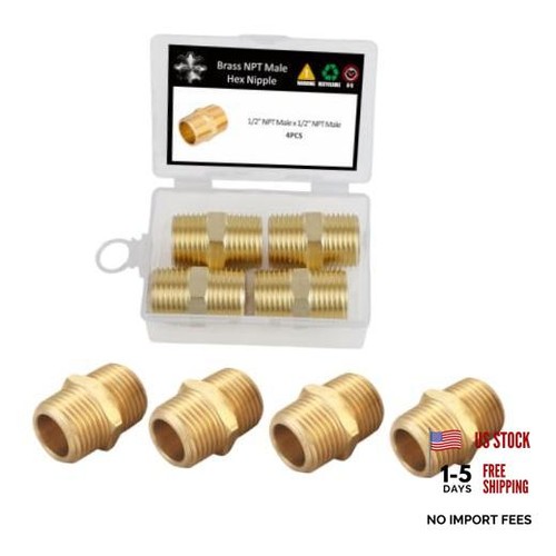 PCS Brass Pipe Fitting Hex Nipple, NPT 1/2" 1/2" NPT Male x 1/2" NPT Male 4