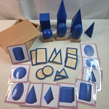 Montessori Geometric Shapes 3D 2D Solids Wooden Toys Math Games Homeschool