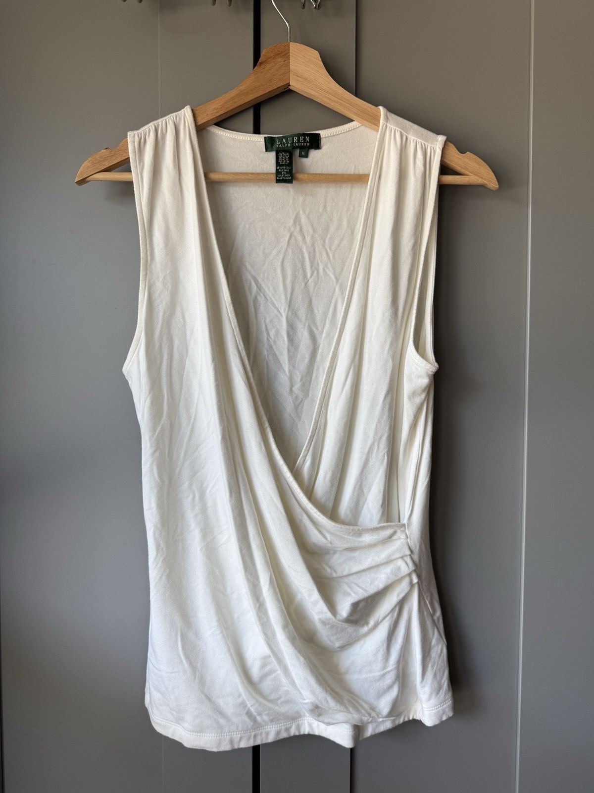 Ralph Lauren Sleeveless Crossover Wrap Top Womens Medium Cream Cotton Stretch