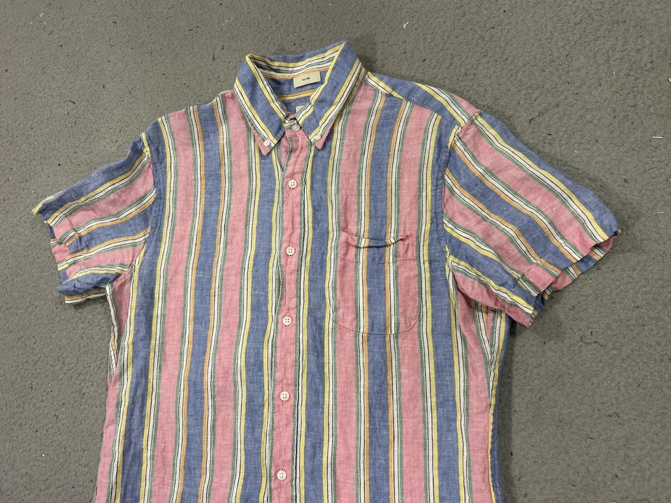 J Crew Shirt Mens Medium Multicolor Stripe Linen Slim Bard McNutt Preppy Pastel - Image 2 of 4