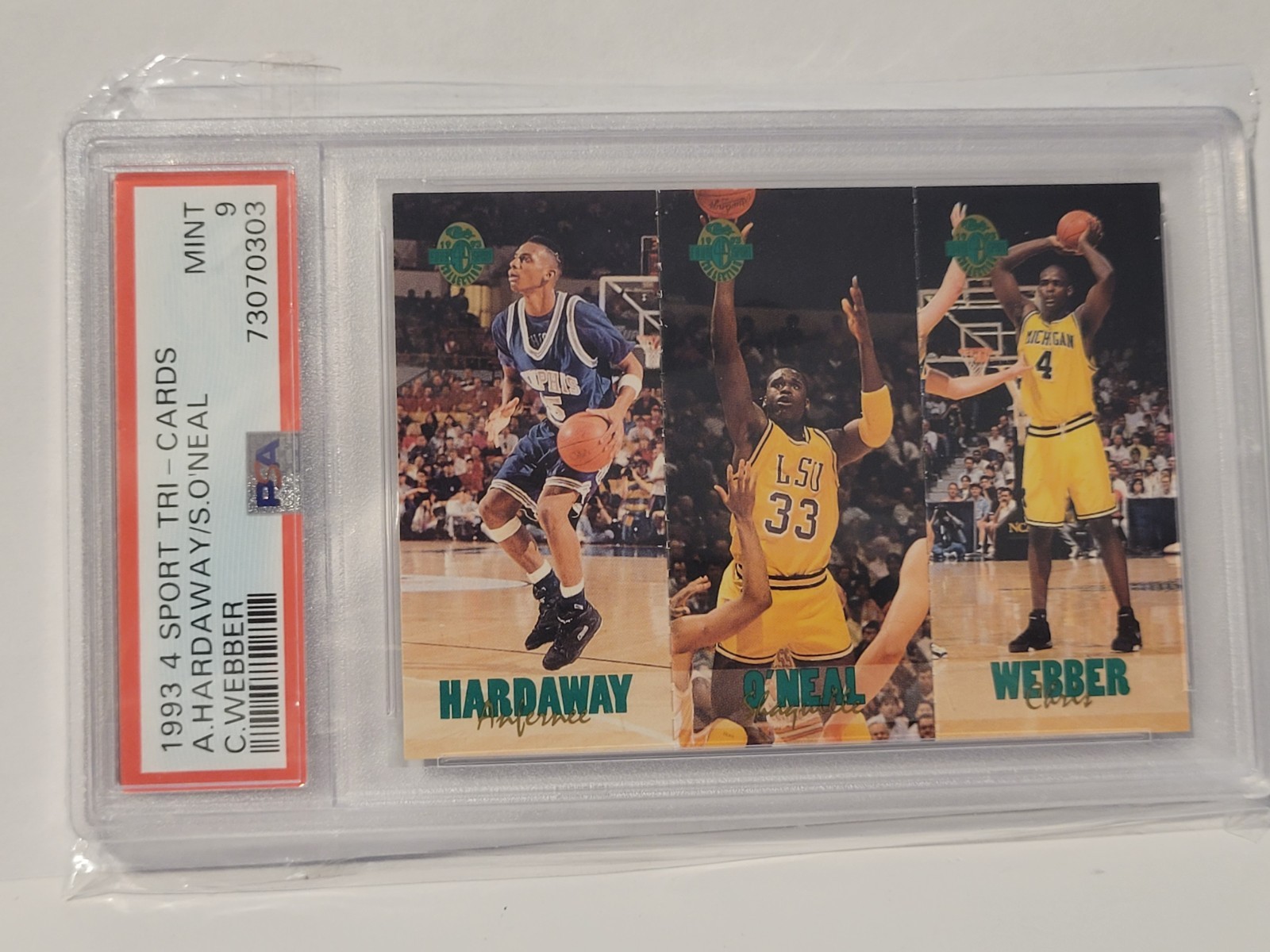 CLASSIC 4 SPORT TRI-CARDS CHRIS WEBBER/PENNY HARDAWAY/SHAQUILLE L O'NEAL PSA 9