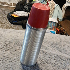 Vintage Thermos Metal Vacuum Bottle Thermos Model 2284 Red Cup Lid Made in USA
