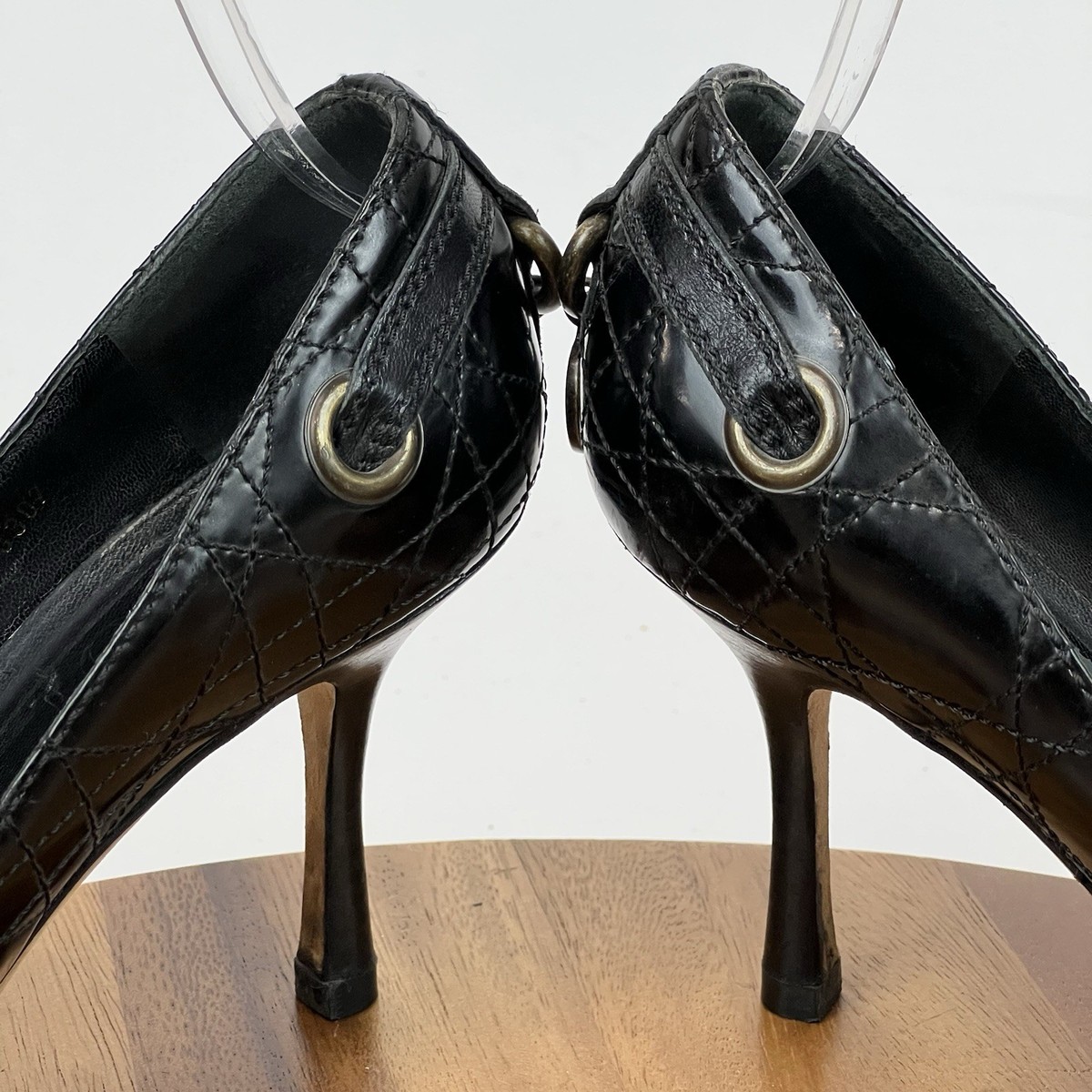 Womens Christian Dior Black Leather Grommet Accent Peep Toe Pumps