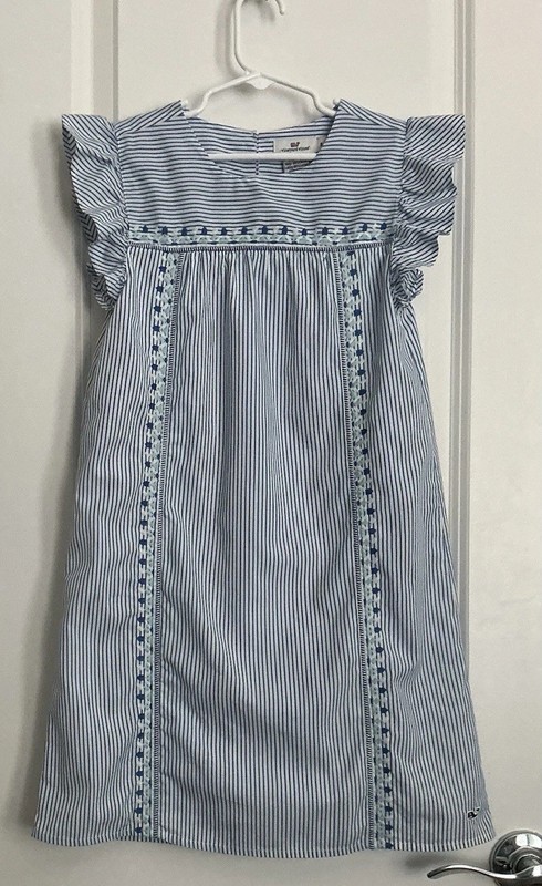 VINEYARD VINES-Girl’s Dress-Sz.8-Blue/White Stripe-Flutter Short Slv-Embroidery