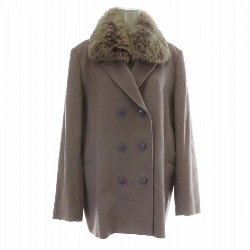 BALMAIN Blue Fox Fur Collar Chester Coat in Silk Cashmere Pre-Owned