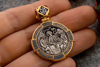 Christlich Orthodox Handarbeit Silber 925 + Gold 24K Die Heilige Dreifaltigkeit Anhänger