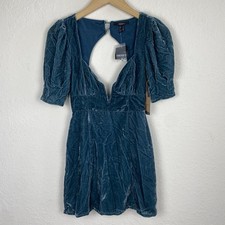 Forever 21 Size S Velvet Mini Dress Puff Sleeve Coquette Plunge Teal Y2k Party