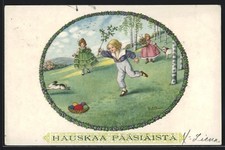 Künstler-AK Pauli Ebner: Kinder mit einem Hasen und Osterkorb, Ostergruß 1924 