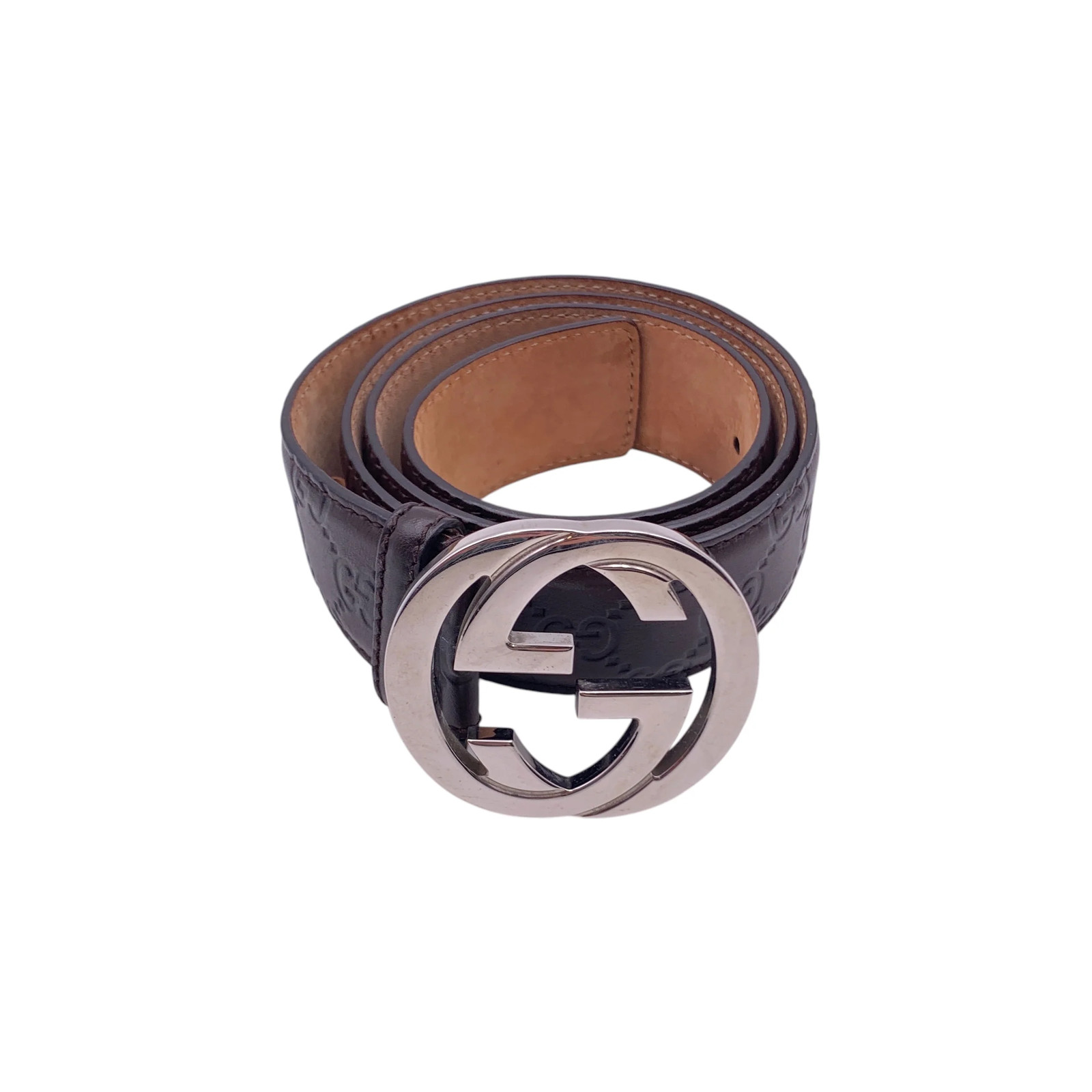 Autentica cintura Gucci in pelle marrone Guccissima argento ad incastro taglia 90/36