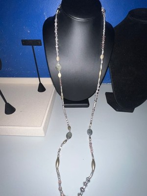 PREMIER DESIGNS Silver & Gold-tone Necklace w/ Pink Crystal & Green Jasper Beads