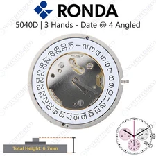 Genuine Ronda 5040.D / 5040dWatch Movement 3 Hands, Date at 4 Angled Swiss Parts